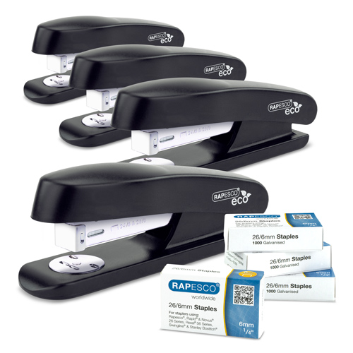 Business Pack: 4 ECO GRS Recycled Half Strip Staplers and 4 Boxes of 1000 26/6mm Staples - Black